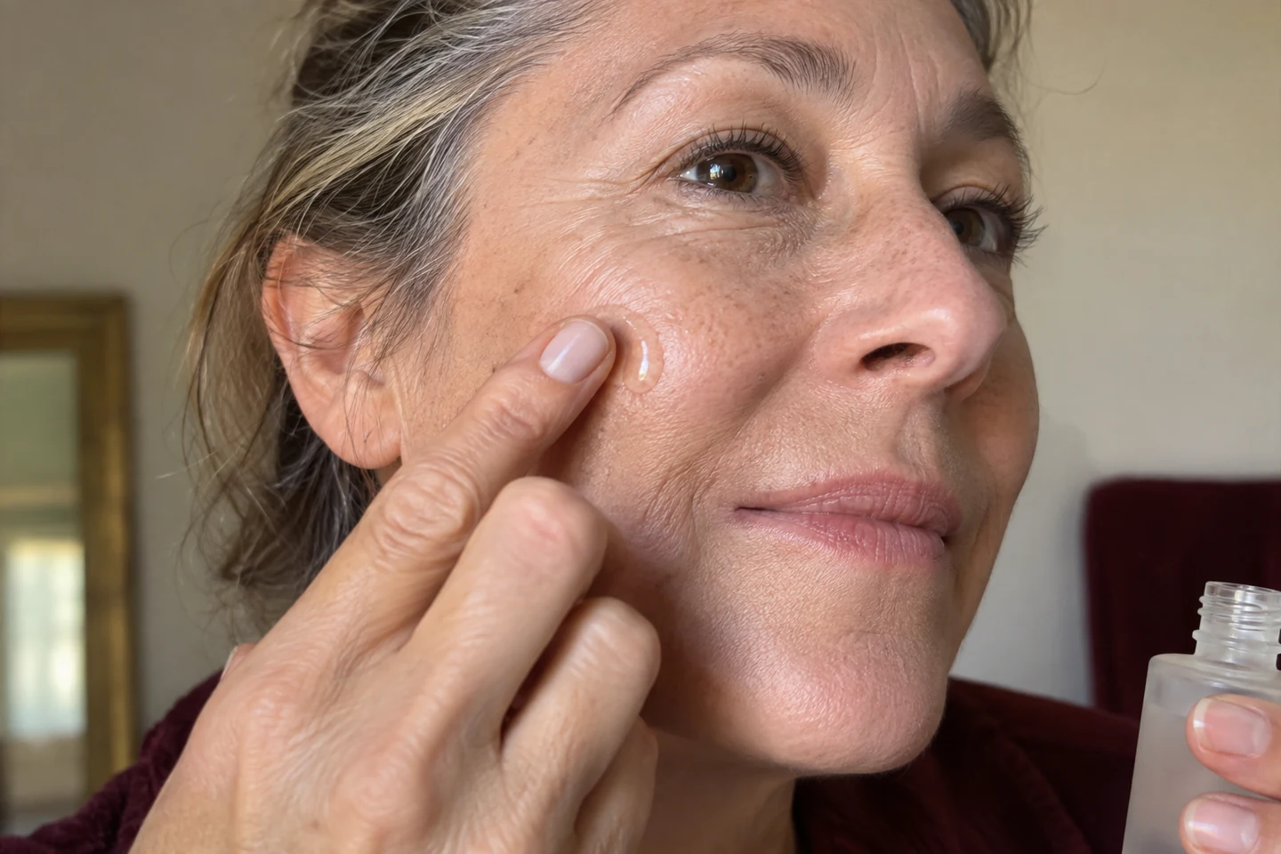 Texture de sérum fondante appliquée sur la joue d'une femme mature